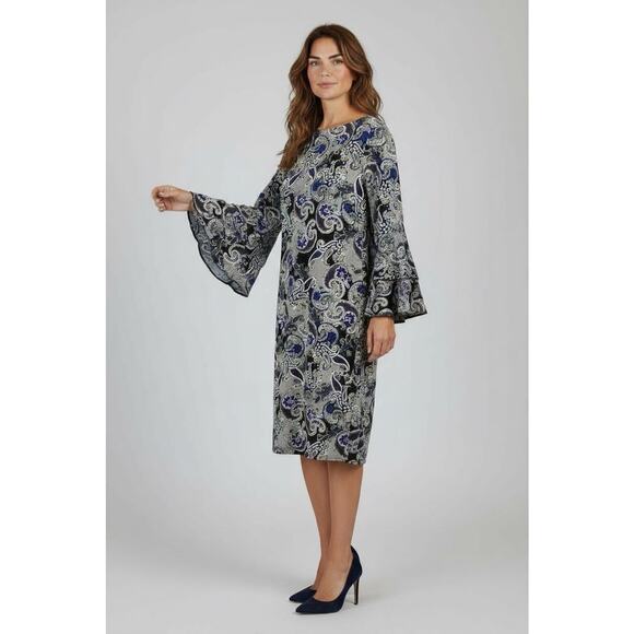 Glamour 2OW Blue Black & White Paisley Print Career Dress Tiered Bell Sleeves - Picture 4 of 10